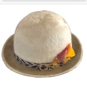 Vintage Camel Felt Hat with Feather Accent